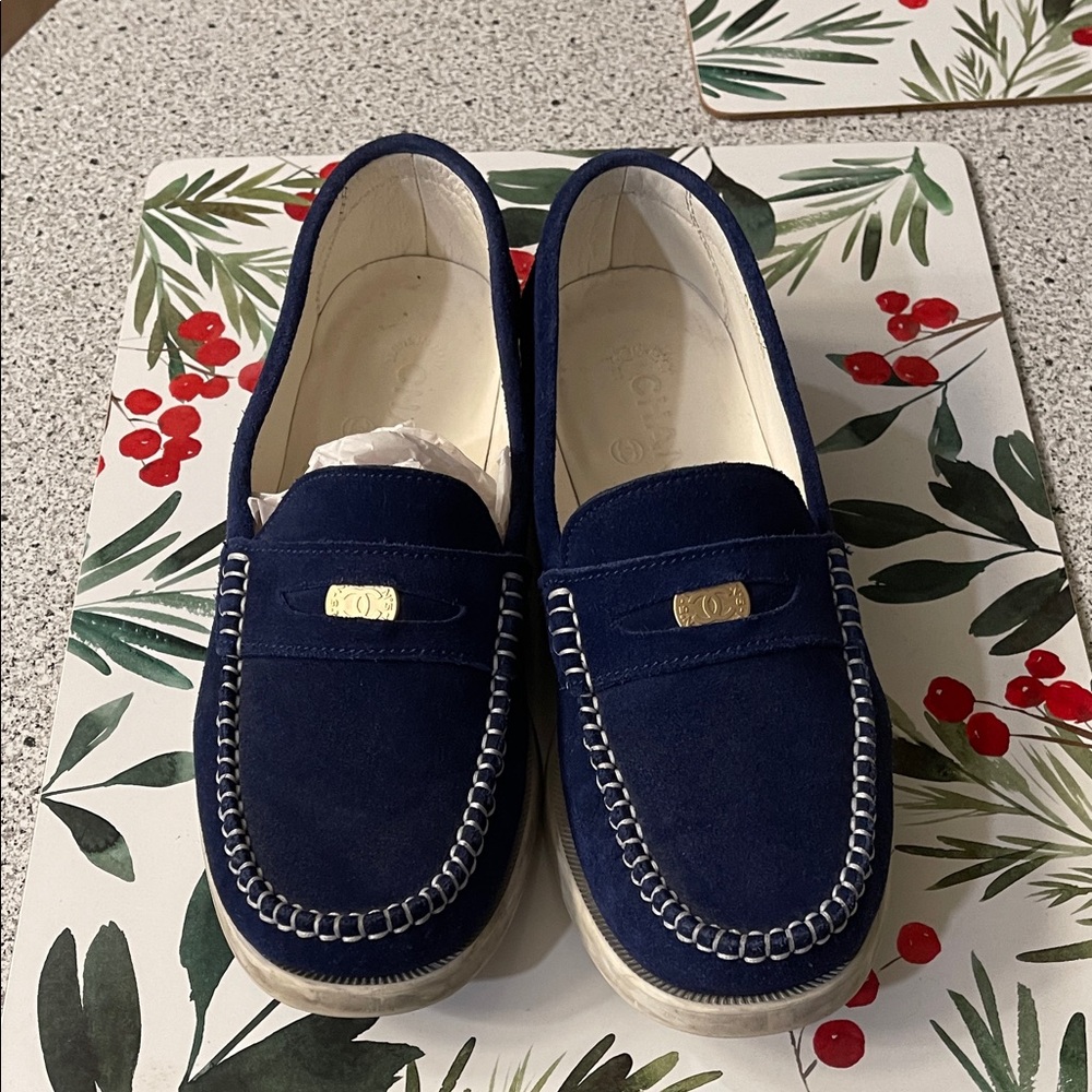 Rare Chanel Navy Blue Suede Boat Shoe Loafers with White Stitching